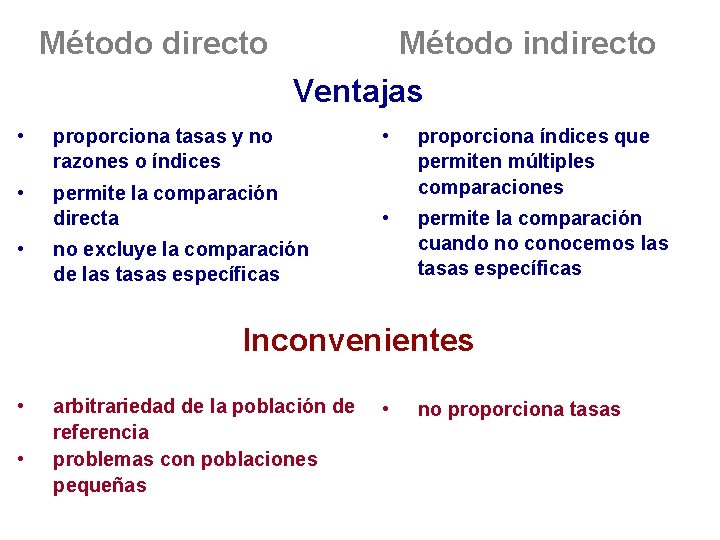 Método directo • proporciona tasas y no razones o índices • permite la comparación