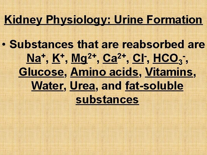Kidney Physiology: Urine Formation • Substances that are reabsorbed are Na+, K+, Mg 2+,
