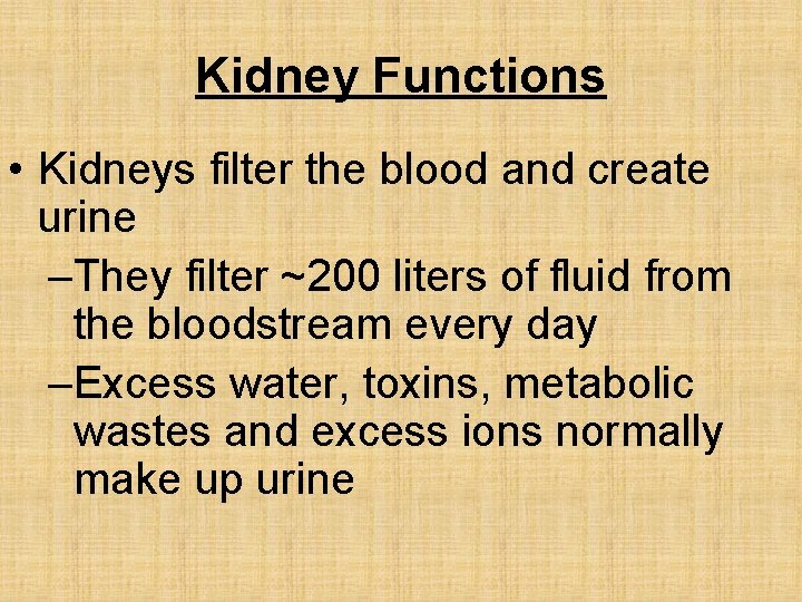 Urinary System Kidney Functions Kidneys filter the blood