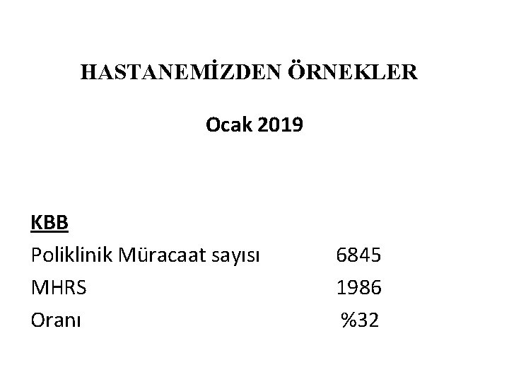 HASTANEMİZDEN ÖRNEKLER Ocak 2019 KBB Poliklinik Müracaat sayısı MHRS Oranı 6845 1986 %32 