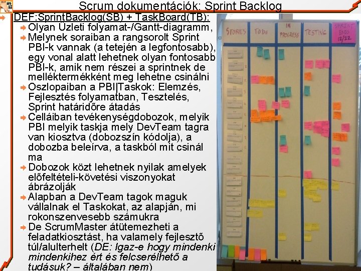 Scrum dokumentációk: Sprint Backlog DEF: Sprint. Backlog(SB) + Task. Board(TB): Olyan Üzleti folyamat-/Gantt-diagramm, Melynek