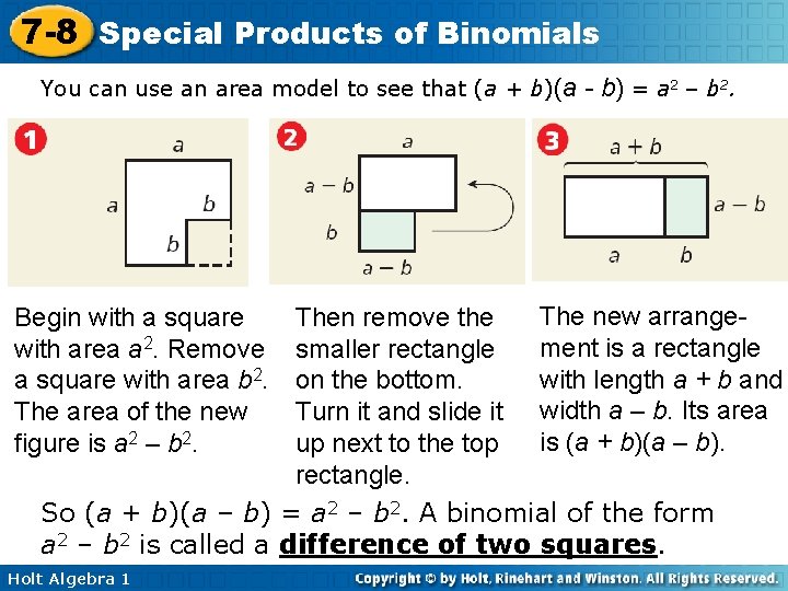 7 -8 Special Products of Binomials You can use an area model to see