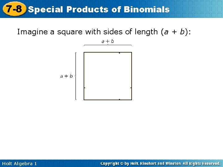 7 -8 Special Products of Binomials Imagine a square with sides of length (a