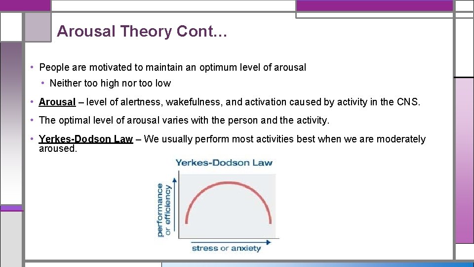 Arousal Theory Cont… • People are motivated to maintain an optimum level of arousal
