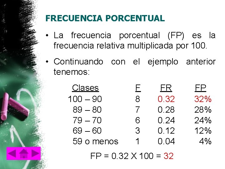 FRECUENCIA PORCENTUAL • La frecuencia porcentual (FP) es la frecuencia relativa multiplicada por 100.