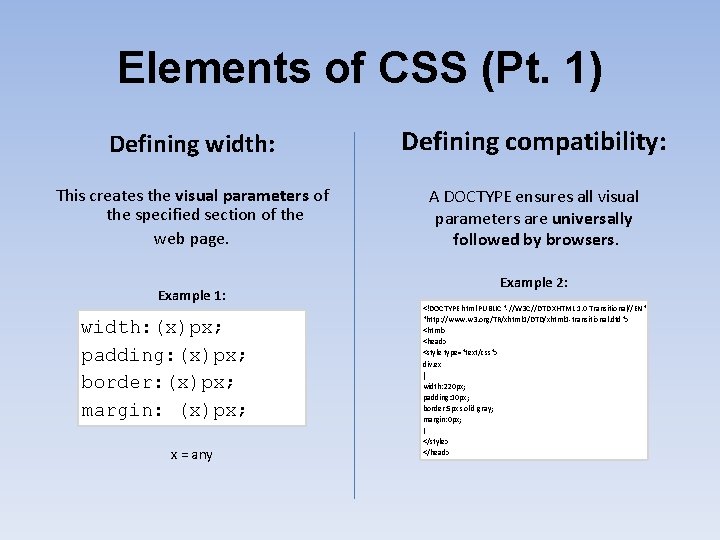 Elements of CSS (Pt. 1) Defining width: Defining compatibility: This creates the visual parameters