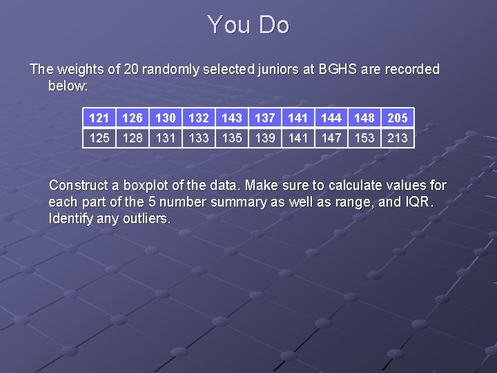 You Do The weights of 20 randomly selected juniors at BGHS are recorded below: