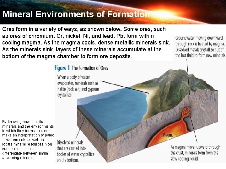 Mineral Environments of Formation Ores form in a variety of ways, as shown below.