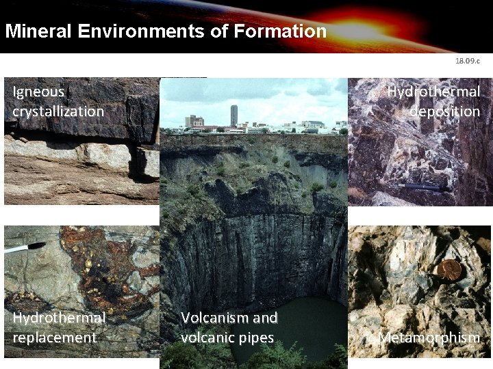 Mineral Environments of Formation 18. 09. c Igneous crystallization Hydrothermal replacement Hydrothermal deposition Volcanism