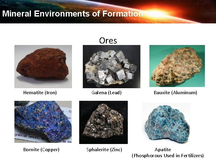 Mineral Environments of Formation Important Base Metal Deposits Ores Hematite (Iron) Bornite (Copper) Galena