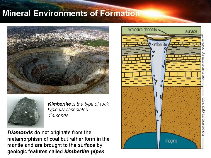 Diamond Formation Mineral Environments of Formation Kimberlite is the type of rock typically associated