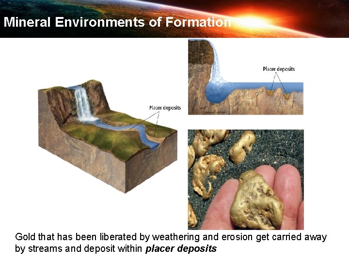 Mineral Environments of Formation Gold that has been liberated by weathering and erosion get