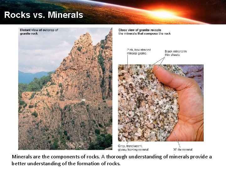 Rocks vs. Minerals are the components of rocks. A thorough understanding of minerals provide