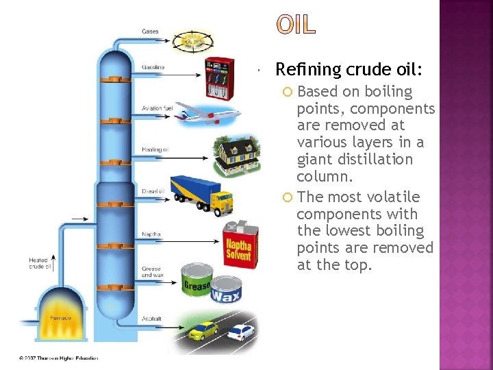  Refining crude oil: Based on boiling points, components are removed at various layers