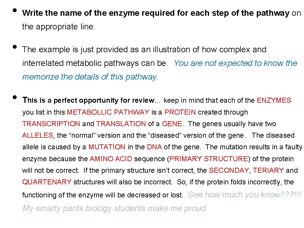  • Write the name of the enzyme required for each step of the