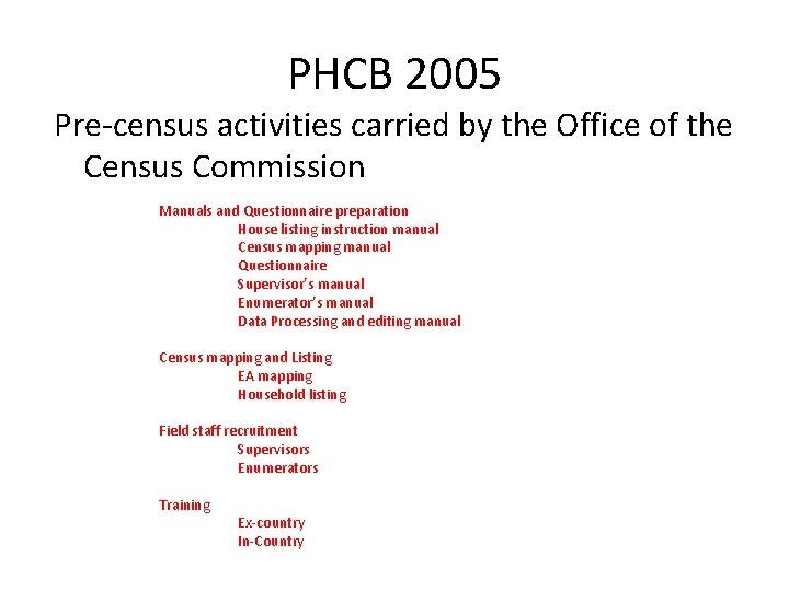 PHCB 2005 Pre-census activities carried by the Office of the Census Commission Manuals and