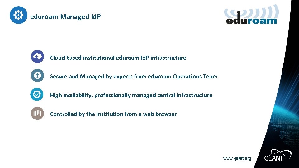 eduroam Managed Id. P Cloud based institutional eduroam Id. P infrastructure Secure and Managed