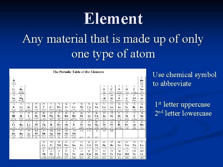 Element Any material that is made up of only one type of atom Use