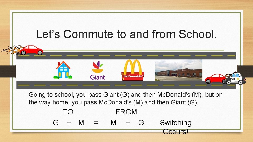 Let’s Commute to and from School. Going to school, you pass Giant (G) and