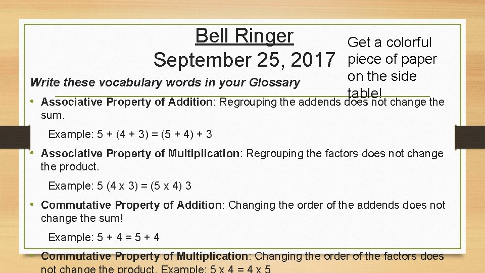Bell Ringer September 25, 2017 Write these vocabulary words in your Glossary Get a