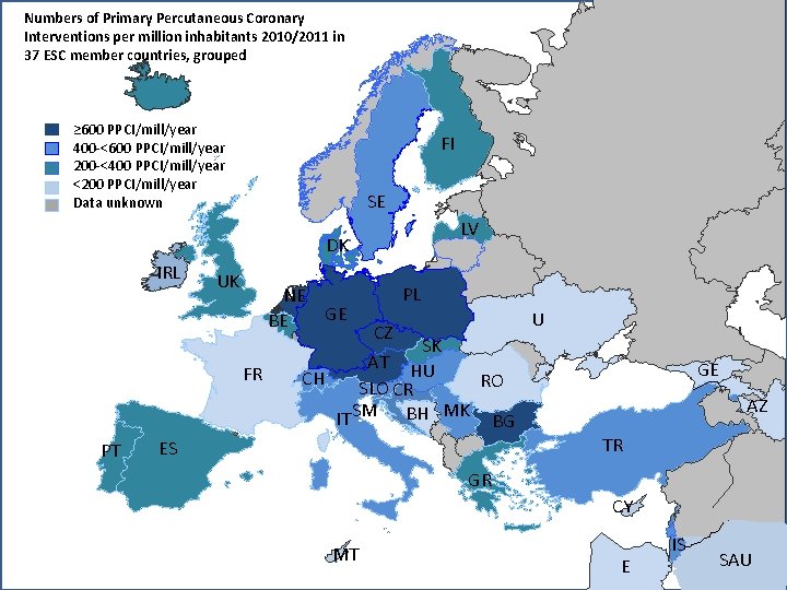 Numbers of Primary Percutaneous Coronary Interventions per million inhabitants 2010/2011 in 37 ESC member