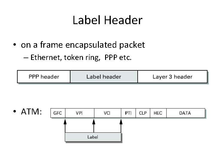 Label Header • on a frame encapsulated packet – Ethernet, token ring, PPP etc.