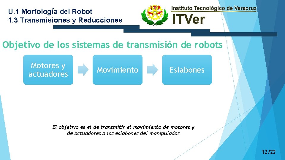 U. 1 Morfología del Robot 1. 3 Transmisiones y Reducciones Objetivo de los sistemas