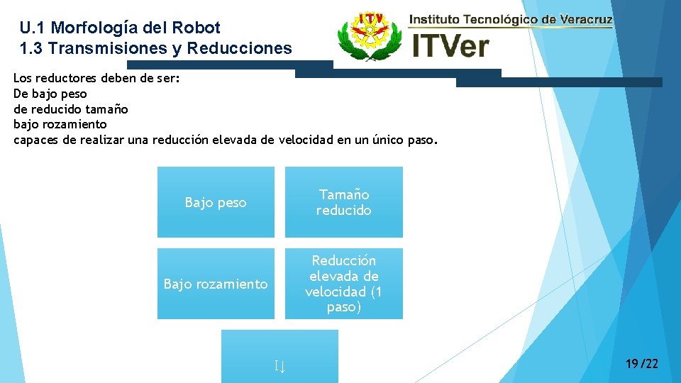 U. 1 Morfología del Robot 1. 3 Transmisiones y Reducciones Los reductores deben de