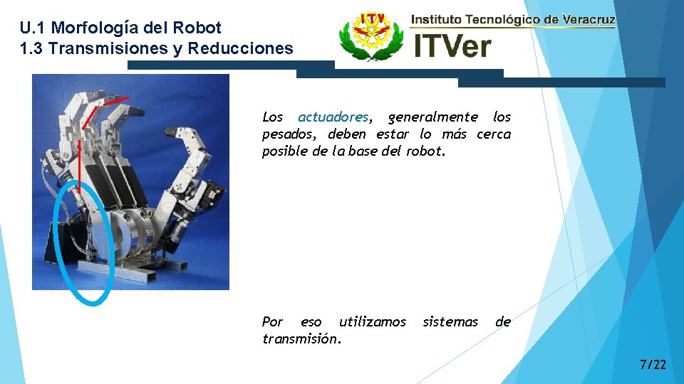 U. 1 Morfología del Robot 1. 3 Transmisiones y Reducciones Los actuadores, generalmente los