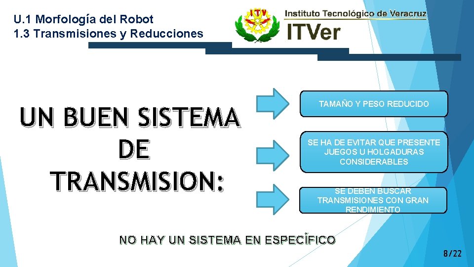 U. 1 Morfología del Robot 1. 3 Transmisiones y Reducciones UN BUEN SISTEMA DE