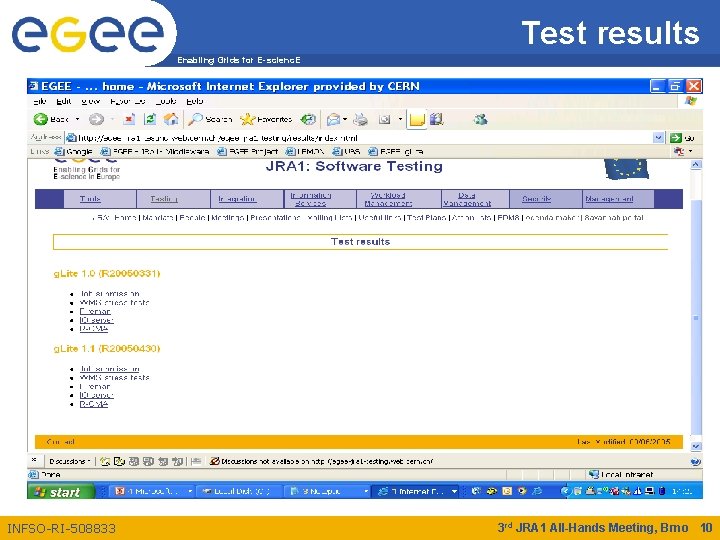 Test results Enabling Grids for E-scienc. E INFSO-RI-508833 3 rd JRA 1 All-Hands Meeting,