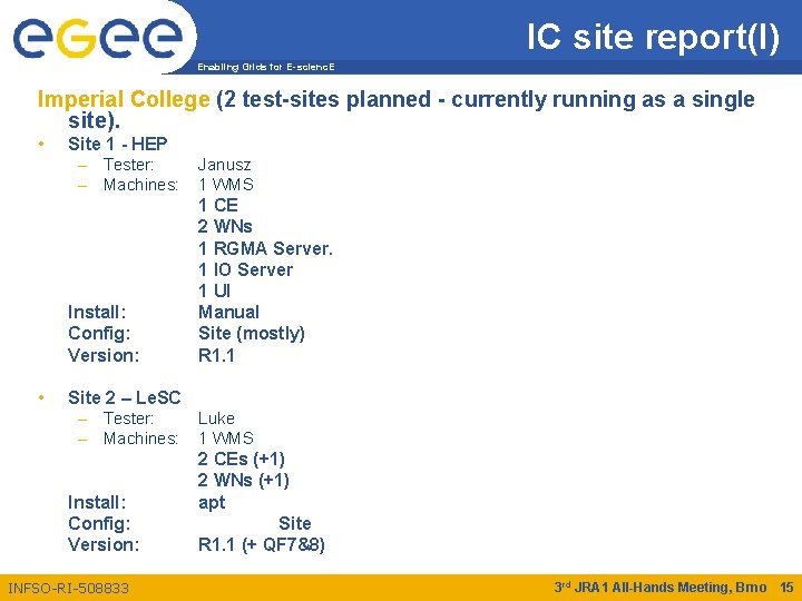 IC site report(I) Enabling Grids for E-scienc. E Imperial College (2 test-sites planned -