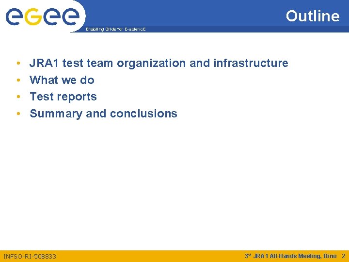 Outline Enabling Grids for E-scienc. E • • JRA 1 test team organization and