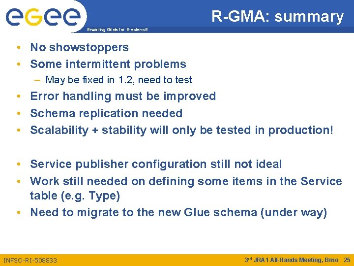 R-GMA: summary Enabling Grids for E-scienc. E • No showstoppers • Some intermittent problems