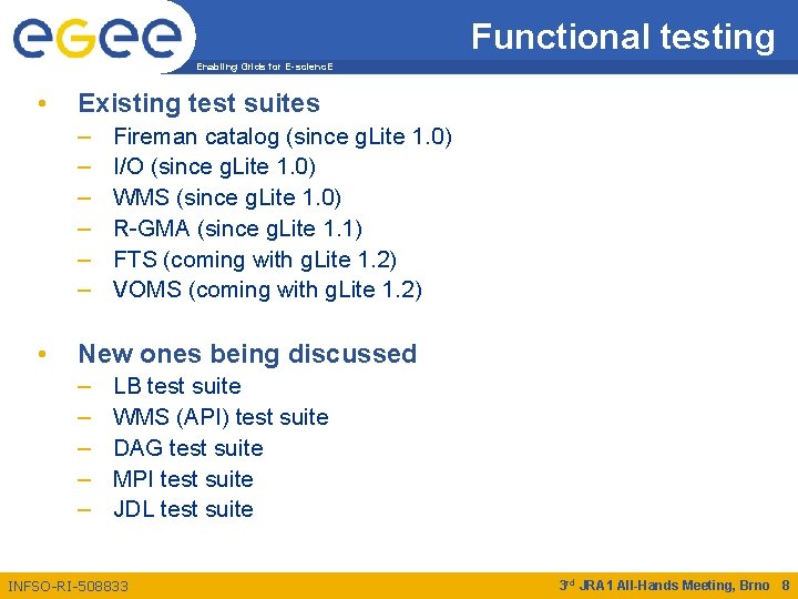 Functional testing Enabling Grids for E-scienc. E • Existing test suites – – –