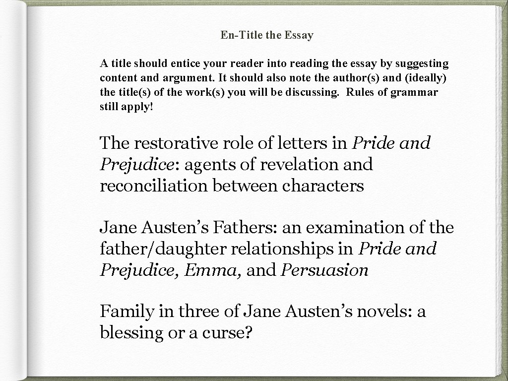 En-Title the Essay A title should entice your reader into reading the essay by