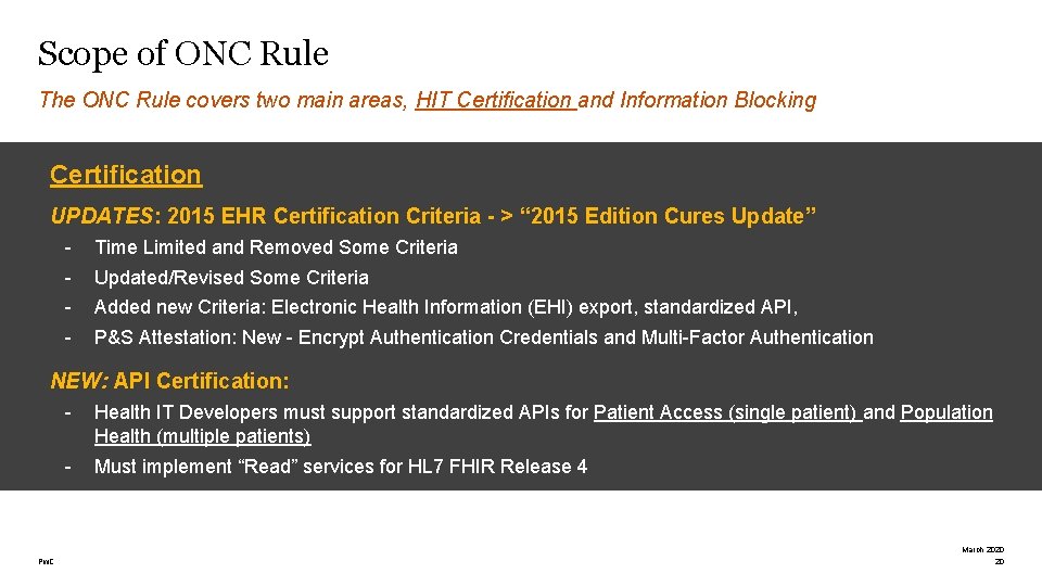 Scope of ONC Rule The ONC Rule covers two main areas, HIT Certification and