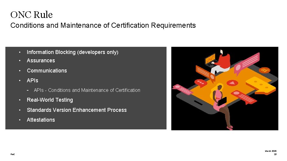 ONC Rule Conditions and Maintenance of Certification Requirements • Information Blocking (developers only) •