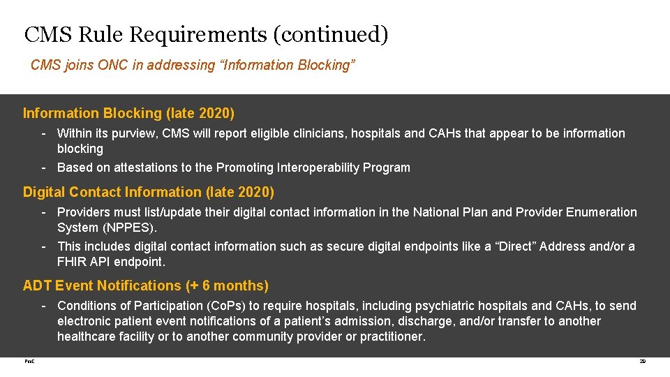 CMS Rule Requirements (continued) CMS joins ONC in addressing “Information Blocking” Information Blocking (late