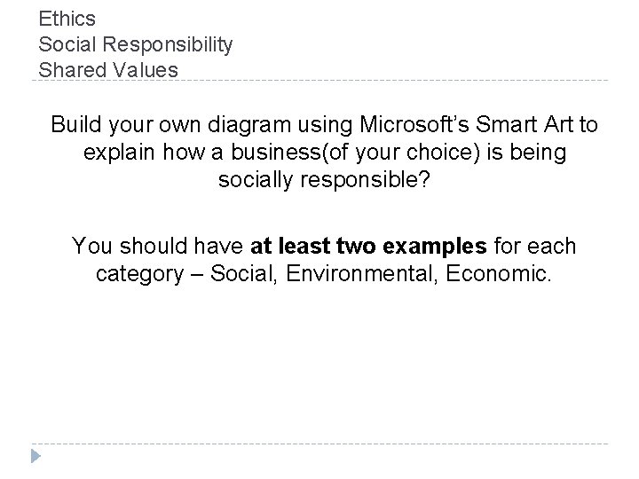 Ethics Social Responsibility Shared Values Build your own diagram using Microsoft’s Smart Art to