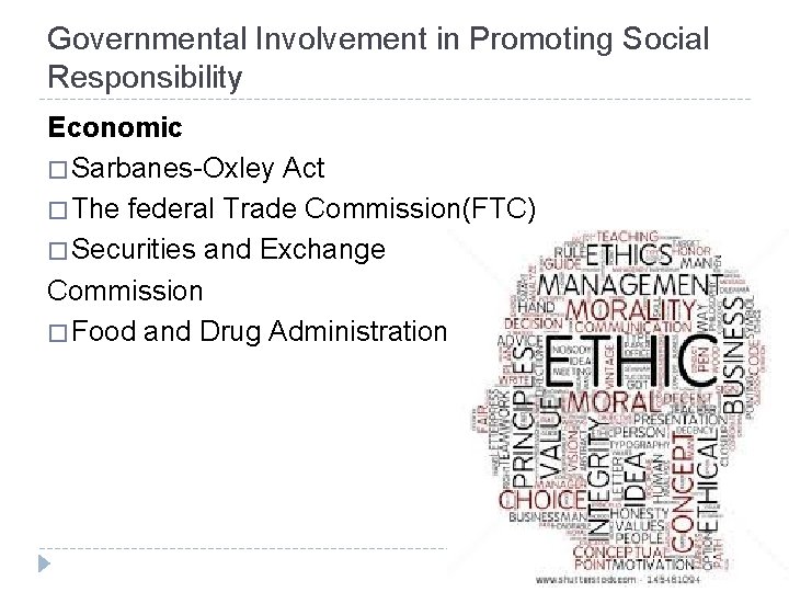 Governmental Involvement in Promoting Social Responsibility Economic � Sarbanes-Oxley Act � The federal Trade