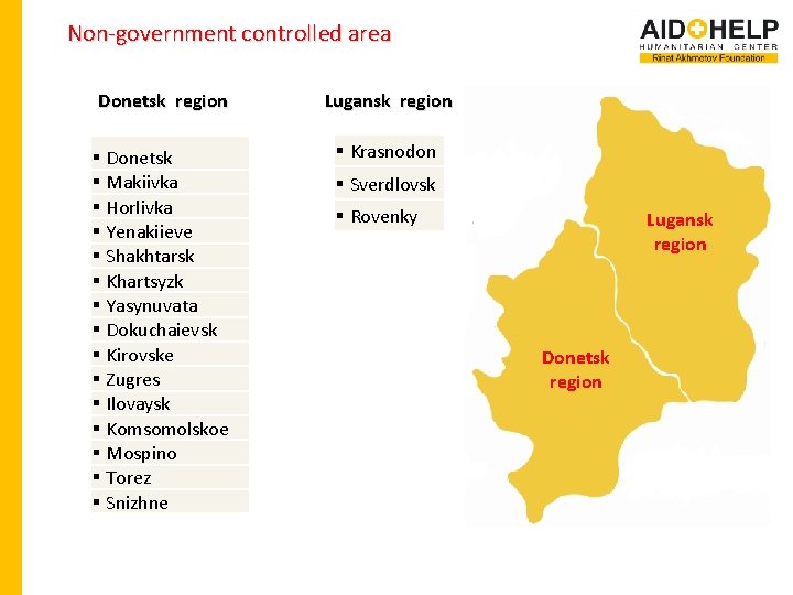 Non-government controlled area Donetsk region Lugansk region § Donetsk § Mаkiivkа § Horlivkа §