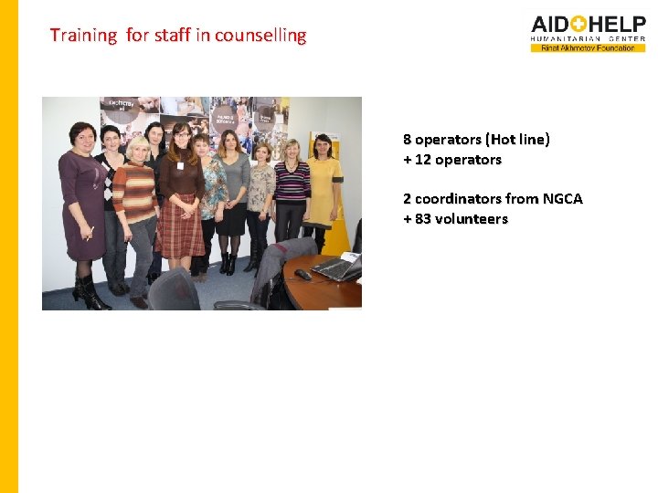 Training for staff in counselling 8 operators (Hot line) + 12 operators 2 coordinators
