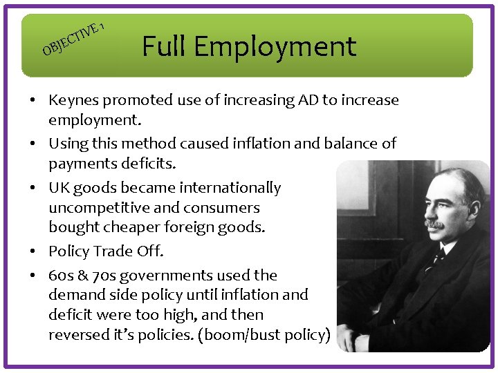 E 1 E V CTI OBJ Full Employment • Keynes promoted use of increasing