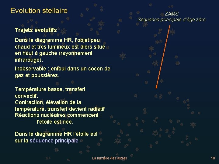 Evolution stellaire ZAMS Séquence principale d’âge zéro Trajets évolutifs Dans le diagramme HR, l'objet