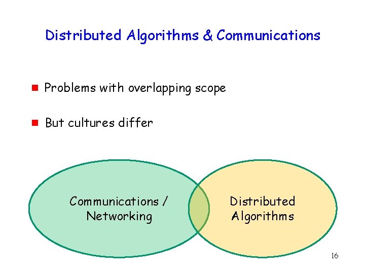 Distributed Algorithms & Communications g Problems with overlapping scope g But cultures differ Communications