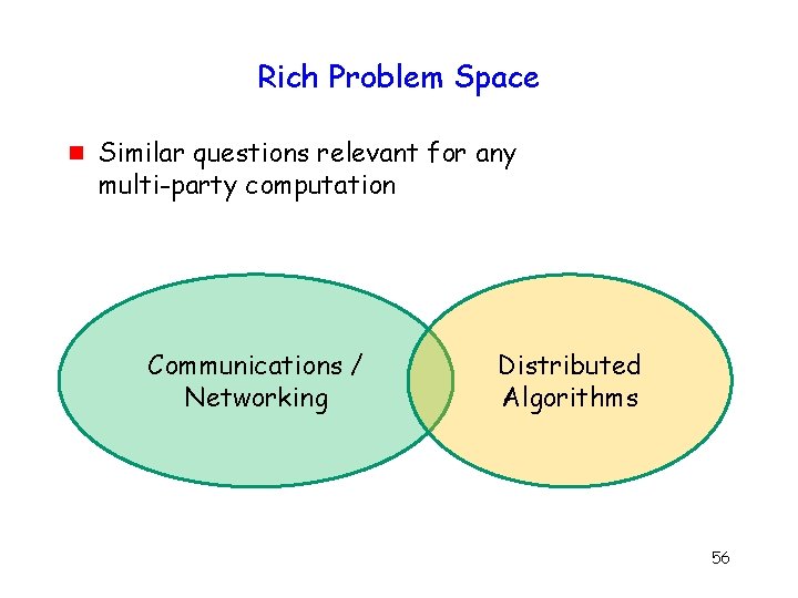 Rich Problem Space g Similar questions relevant for any multi-party computation Communications / Networking