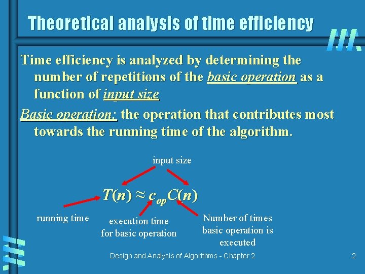 Theoretical analysis of time efficiency Time efficiency is analyzed by determining the number of Theoretical analysis of time efficiency Time efficiency is analyzed by determining the number of