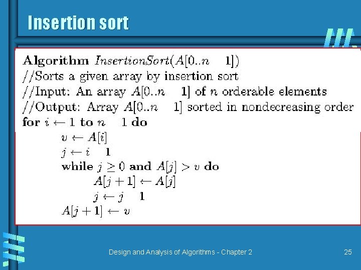 Insertion sort Design and Analysis of Algorithms - Chapter 2 25 Insertion sort Design and Analysis of Algorithms - Chapter 2 25