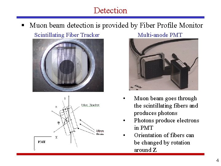 Detection § Muon beam detection is provided by Fiber Profile Monitor Scintillating Fiber Tracker